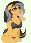  2019 ambiguous_gender anthro black_clothing black_underwear blush bodily_fluids breasts brown_hair cleavage clothed clothing duo ears_down equid equine eyebrows fan_character female female/ambiguous fingers friendship_is_magic green_eyes grey_hair hair hand_on_face hand_under_chin hasbro hi_res horse human mammal my_little_pony orange_body pivoted_ears pony sitting submissive submissive_female tongue tongue_out underwear ynery 