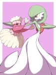  absurdres bird closed_mouth commentary_request creature gardevoir gen_3_pokemon gen_7_pokemon hand_up highres jahana_mei looking_at_another oricorio oricorio_(pa&#039;u) pokemon pokemon_(creature) purple_background red_eyes shiny smile 
