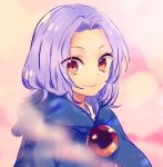  1girl black_cloak blurry_foreground breasts brooch cloak closed_mouth cloud commentary hood hood_down jewelry kesa kumoi_ichirin large_breasts light_purple_hair looking_at_viewer medium_hair orb parted_hair pink_background red_eyes smile solo tomobe_kinuko touhou unzan upper_body 