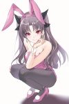  1girl animal_ears black_bow black_legwear bow breasts brown_hair bunny_ears closed_mouth earrings eyebrows_visible_through_hair fake_animal_ears fate/grand_order fate_(series) full_body hair_between_eyes hair_bow hair_intakes hairband high_heels highres ishtar_(fate)_(all) ishtar_(fate/grand_order) jewelry kernel_killer leotard long_hair looking_at_viewer medium_breasts pantyhose pink_footwear pink_hairband pink_leotard playboy_bunny pumps red_eyes shiny shiny_hair simple_background smile solo squatting strapless strapless_leotard twintails very_long_hair white_background wrist_cuffs 
