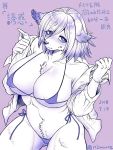  3:4 anthro big_breasts bikini bodily_fluids breasts canid canine cleavage clothed clothing digital_media_(artwork) female fluffy japanese_text kemono looking_at_viewer mammal monochrome navel nzuuure shirt simple_background solo standing sweat swimwear text topwear translation_request 