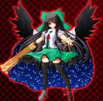  1girl bangs between_breasts black_hair black_legwear breasts capelet checkered checkered_background chireiden cloak eyebrows_visible_through_hair full_body green_skirt highres long_hair looking_at_viewer red_eyes reiuji_utsuho short_sleeves side_b skirt solo touhou very_long_hair wings 