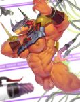  2019 abs anthro areola armor balls bdsm biceps big_balls big_muscles biped bondage bound camera claws collar digimon digimon_(species) digital_media_(artwork) fingers flaccid forced foreskin genitals green_eyes hair handcuffs headgear horned_helmet huge_muscles humanoid humanoid_genitalia humanoid_penis male metal_tentacles muscular muscular_anthro muscular_male nipples orange_balls orange_body orange_skin pecs penis pubes quads raccoon21 red_hair sex_toy shackles solo uncut v-cut wargreymon 