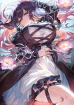  1girl :o dress eyebrows_visible_through_hair flower gradient_hair highres hijiri_byakuren long_hair lying multicolored_hair on_back purple_eyes purple_hair red_hair solo thighs touhou uu_uu_zan water water_lily_flower wet 