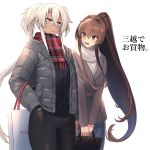  2girls alternate_costume alternate_hairstyle bag bangs black_jacket black_pants black_sweater breasts brown_coat brown_eyes brown_hair coat cowboy_shot dark_skin dark_skinned_female eyebrows_visible_through_hair glasses hair_between_eyes handbag hands_in_pockets highres jacket kantai_collection long_hair long_sleeves mizuki_eiru_(akagi_kurage) multiple_girls musashi_(kantai_collection) open_clothes open_jacket open_mouth pants plaid plaid_scarf ponytail red_eyes red_scarf ribbed_sweater scarf semi-rimless_eyewear shopping_bag silver_hair simple_background sweater translation_request v_arms white_background white_scarf winter_clothes yamato_(kantai_collection) 