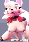  3d_(artwork) animatronic anthro biped bow_tie breasts canid canine digital_media_(artwork) fangs female five_nights_at_freddy&#039;s five_nights_at_freddy&#039;s_2 fox funtime_foxy_(fnaf) fur hair hi_res lipstick looking_at_viewer machine makeup mammal mangle_(fnaf) nipples nude open_mouth robot simple_background smile solo thebunwiththescarf tongue tongue_out video_games 