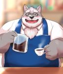  12beat13 2020 anthro apron belly beverage blush canid canine canis clothing coffee cup domestic_dog eyes_closed eyewear fur glasses grey_body grey_fur humanoid_hands kemono male mammal overweight overweight_anthro overweight_male shirt solo topwear 