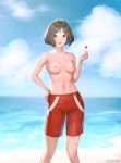  1girl :d absurdres artist_name backlighting bangs beach bird blue_sky blurry blush bob_cut breasts brown_eyes brown_hair cloud collarbone day depth_of_field eyebrows_visible_through_hair hand_on_hip hand_up heart highres horizon male_swimwear male_swimwear_challenge medium_breasts navel nipples ocean open_mouth original outdoors parted_bangs roll_out_road short_hair sky smile solo sparkle standing sunlight swim_trunks swimwear topless 