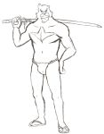  anthro asian_clothing black_and_white bulge clothed clothing east_asian_clothing footwear fundoshi holding_object holding_sword holding_weapon japanese_clothing japanese_sword kumatetsu male mammal melee_weapon monochrome navel sandals simple_background sketch smile solo sword teeth_showing thegreatmatsutzu topless underwear ursid weapon white_background 