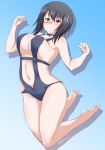  1girl bangs barefoot black-framed_eyewear black_choker black_eyes black_hair black_swimsuit blue_background blush bob_cut bow_choker breasts choker closed_mouth clothing_cutout commentary frown full_body girls_und_panzer gradient gradient_background kawashima_momo large_breasts legs_up looking_at_viewer monocle navel navel_cutout one-piece_swimsuit semi-rimless_eyewear shadow short_hair skindentation solo standing swimsuit twitter_username under-rim_eyewear w_arms yts_takana 