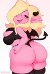  big_breasts big_butt blonde_hair breasts butt clothing demon female hair hair_over_eye hi_res holding_butt hotkeke1 huge_butt humanoid leppi_(hotkeke1) looking_back not_furry one_eye_obstructed solo spade_tail squish thick_thighs thigh_squish thong underwear 