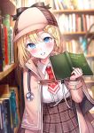  1girl bangs blonde_hair blue_eyes blurry blurry_background blush book bookshelf breasts brown_cloak brown_jacket brown_skirt cloak collared_shirt deerstalker depth_of_field english_text eyebrows_visible_through_hair grin hair_between_eyes hair_ornament hat holding holding_book hololive hololive_english jacket looking_at_viewer medium_hair monocle_hair_ornament mustache_print necktie open_book plaid plaid_headwear plaid_skirt rangu red_neckwear shirt skirt small_breasts smile solo stethoscope upper_body virtual_youtuber watson_amelia white_shirt wing_collar 