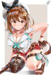  1girl absurdres atelier_(series) atelier_ryza atelier_ryza_2 ayakase_hotaru bangs belt blush braid breasts brown_eyes brown_hair cleavage cowboy_shot eyebrows_visible_through_hair flower gloves hair_between_eyes hair_flower hair_ornament highres jewelry key key_necklace looking_at_viewer necklace reisalin_stout sandals short_hair simple_background solo squatting yellow_flower 