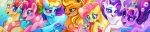  :d air_bubble applejack blonde_hair blue_eyes blue_hair bubble commentary english_commentary eye_contact eyelashes fish fluttershy green_eyes grin happy hat highres horns long_image looking_at_another multicolored_hair my_little_pony no_humans open_mouth pink_hair pinkie_pie purple_eyes purple_hair rainbow_dash rarity single_horn skystar_(my_little_pony) smile sunset_dragon swimming twilight_sparkle underwater wide_image 