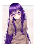  1girl adjusting_eyewear artist_name bangs bespectacled breasts commentary doki_doki_literature_club glasses hair_between_eyes head_tilt large_breasts long_hair long_sleeves molten_rock purple_eyes purple_hair red-framed_eyewear ribbed_sweater rissiriae smile solo sweater turtleneck turtleneck_sweater upper_body very_long_hair yuri_(doki_doki_literature_club) 