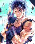  1boy arm_up biceps blurry collarbone commentary depth_of_field deviantart_username english_commentary fingerless_gloves gloves green_eyes instagram_username jojo_no_kimyou_na_bouken jonathan_joestar lips looking_at_viewer male_focus muscle parted_lips pectorals phantom_blood pose purple_gloves purple_hair purple_shirt shiny shiny_hair shirt short_hair sleeveless sleeveless_shirt solo star_(symbol) upper_body watermark web_address zzyzzyy 