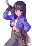  1girl areola_slip areolae bangs belt black_hair blue_eyes blue_jacket blunt_bangs blush breasts brown_gloves capsule_corp closed_mouth commentary cosplay dragon_ball dragon_ball_(classic) dragon_ball_z english_commentary gloves gun holding holding_gun holding_sword holding_weapon jacket kajin_(kajinman) long_hair looking_to_the_side mai_(dragon_ball) makeup no_bra no_shirt nose_blush open_clothes open_jacket pants patreon_username pout red_lips simple_background solo sword sword_behind_back trunks_(dragon_ball) trunks_(future)_(dragon_ball) trunks_(future)_(dragon_ball)_(cosplay) weapon web_address white_background 