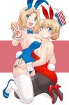  2girls :d american_flag american_flag_print animal_ears ass bangs black_legwear blonde_hair blue_bow blue_eyes blue_footwear blue_leotard blue_neckwear bow bowtie braid breasts bunny_ears bunny_tail cleavage collar cup darjeeling_(girls_und_panzer) detached_collar drinking_glass drinking_straw eyebrows_visible_through_hair fake_animal_ears fake_tail flag_print girls_und_panzer hair_intakes high_heels holding holding_cup kay_(girls_und_panzer) kneeling large_breasts legs leotard long_hair looking_at_viewer looking_back medium_breasts multiple_girls open_mouth pantyhose parted_lips playboy_bunny red_footwear red_leotard short_hair side-tie_leotard skindentation smile straddling strapless strapless_leotard tail textless thighhighs tied_hair union_jack uona_telepin v white_collar white_legwear wing_collar wrist_cuffs 