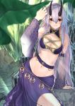  1girl absurdres belt bikini black_horns blush breasts cleavage fate/grand_order fate_(series) hair_between_eyes highres horns kugatunohito leaf long_hair looking_at_viewer medium_breasts mitsudomoe_(shape) oni_horns purple_bikini purple_sarong red_eyes rock sarong silver_hair smile solo swimsuit tomoe_(symbol) tomoe_gozen_(fate/grand_order) tomoe_gozen_(swimsuit_saber)_(fate) very_long_hair water wet 