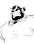  1boy alternate_costume bara beard blue_oni_(saltypoundcake) chest_hair covered_nipples facial_hair fang from_below greyscale horns male_focus monochrome monster_boy muscular oni oni_horns original pectorals pointy_ears saltypoundcake shirt short_hair solo thick_eyebrows tied_hair upper_body 