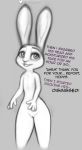  4_fingers anthro blush chest_tuft dialogue disney english_text female fingers fluffytuft genitals grey_background hi_res judy_hopps lagomorph leporid mammal markings monochrome motion_lines nipples nude open_mouth pussy rabbit signature simple_background solo standing teeth text tuft twitter zootopia 