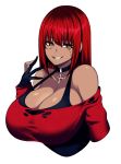  1girl absurdres bare_shoulders breasts camui_kamui choker cleavage cross dark_skin fingerless_gloves gloves highres large_breasts long_hair long_sleeves original red_eyes red_hair solo stitched_face stitches 