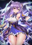  1girl bangs black_panties blush breasts brown_legwear cyicheng dress frilled_gloves frilled_skirt frills genshin_impact gloves keqing large_breasts long_hair looking_at_viewer panties purple_dress purple_eyes purple_gloves purple_hair skirt solo sword thighs twintails underwear weapon 
