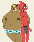  animal_crossing anthro beaver belly blonde_hair blue_eyes blush boxers_(clothing) briefs bulge c.j._(animal_crossing) chameleon clothing duo flick_(animal_crossing) hair hi_res lizard male male/male mammal moobs navel nintendo nipples obese one_eye_closed overweight overweight_male reptile rodent scalie sosososleazy underwear video_games wink 