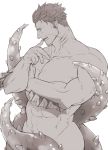  1boy abs bara completely_nude cowboy_shot dagon_(tokyo_houkago_summoners) facial_hair finger_licking fins greyscale groin hair_slicked_back hair_strand hinokumo_f licking male_focus monochrome muscular navel nude pectorals short_hair sideburns solo stubble tentacles tokyo_houkago_summoners white_background 