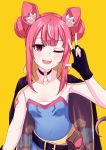  1girl animal_ear_fluff animal_ears belt black_belt black_gloves breasts cape choker collarbone covered_navel fang fingerless_gloves gloves highres kirihime_ria mouse_ears mouse_girl o-ring o-ring_choker one_eye_closed open_mouth pink_eyes pink_hair pouch small_breasts solo tsunderia valefal_coneri virtual_youtuber yellow_background 