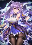  1girl bangs black_legwear blush breasts brown_legwear cyicheng dress frilled_gloves frilled_skirt frills genshin_impact gloves keqing large_breasts long_hair looking_at_viewer pantyhose purple_dress purple_eyes purple_gloves purple_hair skirt smile solo sword thighs twintails weapon 