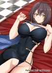  1girl ahoge armlet asymmetrical_clothes azur_lane baltimore_(azur_lane) baltimore_(evening_breeze_minuet)_(azur_lane) bangs bare_shoulders black_cape black_dress blue_cape blue_cloak blush braid breasts brown_hair cape checkered checkered_floor choker cleavage cloak collarbone commentary_request covered_navel cowboy_shot dress english_commentary evening_gown eyebrows_visible_through_hair french_braid groin hair_between_eyes hellandheaven highres large_breasts looking_at_viewer lying mixed-language_commentary official_alternate_costume on_back on_bed patreon_username short_hair side_slit sidelocks single_bare_shoulder smile solo two-tone_cape yellow_eyes 