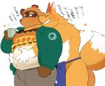  &lt;3 2020 animal_crossing anthro apron belly blush bottomwear brown_body brown_fur canid canine clothing crazy_redd cup duo eyes_closed fox fur hug hugging_from_behind hyaku_(artist) kemono male male/male mammal nintendo overweight overweight_male pants raccoon_dog simple_background sweater tanuki tom_nook_(animal_crossing) topwear video_games white_background 