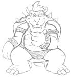  anthro black_and_white bowser briefs clothing cuffs_(disambiguation) furniture hand_on_chin male mario_bros monochrome nintendo open_mouth simple_background sitting sketch smile solo spikes stool teeth_showing thegreatmatsutzu tongue_showing underwear video_games white_background 