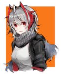  1girl antenna_hair arknights black_jacket breasts demon_horns grey_scarf hair_between_eyes horns jacket large_breasts looking_at_viewer open_clothes open_jacket open_mouth red_eyes scarf shirt short_hair smile solo umesasami upper_body w_(arknights) white_background white_hair white_shirt 