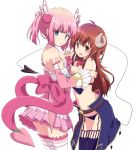  2girls :o aqua_eyes bangs black_legwear blunt_bangs bow bowtie breasts chiyoda_momo cleavage curled_horns demon_girl demon_horns demon_tail detached_sleeves eyebrows_visible_through_hair garter_straps hair_ornament highres holding_hands horns interlocked_fingers long_hair looking_at_viewer machikado_mazoku magical_girl medium_breasts mel_(melty_pot) multiple_girls open_mouth pink_hair ponytail red_eyes red_hair red_neckwear short_hair simple_background smile tail thighhighs white_background white_legwear yoshida_yuuko_(machikado_mazoku) yuri 