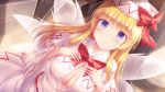  1girl bangs blonde_hair breasts buttons capelet commentary_request dutch_angle eyebrows_visible_through_hair fairy_wings hands_on_own_chest hat highres indoors large_breasts lily_white long_hair long_sleeves looking_at_viewer lzh open_clothes open_shirt partially_unbuttoned purple_eyes shirt solo touhou white_shirt wide_sleeves wings 