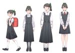  1girl age_progression alternate_costume backpack bag black_dress black_hair black_legwear brown_eyes commentary_request dress dress_shirt full_body growth highres houshou_(kantai_collection) kantai_collection kneehighs long_hair long_sleeves looking_at_viewer neck_ribbon pantyhose pinafore_dress ponytail randoseru red_ribbon ribbon shirt simple_background socks standing teenage v white_background white_legwear white_shirt younger yuichi_(sp_sakura_yoshi) 