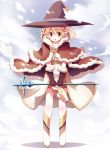  1girl bangs blonde_hair blush boots brown_cape brown_dress brown_footwear brown_gloves cape commentary_request doridori dress eyebrows_visible_through_hair full_body fur-trimmed_cape fur-trimmed_gloves fur_trim gloves hair_between_eyes hat high_wizard_(ragnarok_online) holding holding_staff looking_to_the_side open_mouth pointy_ears ragnarok_online red_eyes short_hair snow snowing solo staff standing star_(symbol) two-tone_footwear white_dress white_footwear witch_hat 