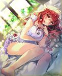  1girl barefoot bloomers blush breasts brown_eyes brown_hair character_request chocho_(homelessfox) copyright_request dress jewelry long_hair looking_at_viewer lying medium_breasts on_side pendant smile solo underwear wavy_hair white_bloomers white_dress 