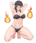  1girl abs armpits arms_behind_head arms_up bangs bare_shoulders barefoot bikini black_bikini black_hair blush breasts cleavage collarbone commentary en&#039;en_no_shouboutai eyebrows_visible_through_hair fire fireball full_body groin highres kneeling large_breasts long_hair looking_at_viewer maki_oze midriff navel nose_blush o-ring o-ring_bikini parted_lips ponytail purple_eyes sarhce sidelocks simple_background solo strapless strapless_bikini swimsuit white_background 