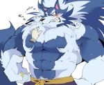  anthro barazoku belt blue_body blue_fur blush bottomwear canid canine canis capcom claws clothing darkstalkers embarrassed fangs fur hyaku_(artist) jon_talbain kemono male mammal muscular muscular_anthro muscular_male pants petting pubes purple_bottomwear purple_clothing purple_pants video_games were werecanid werecanine werewolf white_body white_fur wolf yellow_claws 