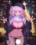  1girl bangs blue_eyes blurry blurry_background breasts cleavage clothes_lift cowboy_shot double_w english_text eonsang eyebrows_visible_through_hair girls_frontline heterochromia highres jacket large_breasts lifted_by_self long_hair looking_at_viewer mdr_(girls_frontline) mouth_hold multicolored_hair navel open_clothes open_jacket panties pink_eyes pink_hair purple_nails scarf side_ponytail silver_hair smile solo streaked_hair tearing_up trembling underwear user_interface w 