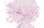  1boy bangs cherry_blossoms commentary_request danganronpa_(series) danganronpa_2:_goodbye_despair face flower from_side grey_eyes hair_between_eyes head highres komaeda_nagito looking_up lower_teeth male_focus messy_hair open_mouth petals pink_flower portrait profile shirt solo white_background white_shirt xiwang_xintu 