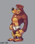  anthro banjo-kazooie banjo_(banjo-kazooie) blue_eyes briefs brown_body brown_fur claws clothed clothing erection fur grey_background hand_on_underwear hands_on_clothing jewelry male mammal necklace open_mouth pants_down partially_clothed rareware redo_(artist) simple_background solo teeth_showing text tighty_whities underwear undressing ursid video_games white_clothing white_underwear year 
