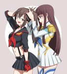  2girls absurdres arm_at_side bangs black_shirt blunt_bangs blush boots brown_eyes brown_hair collarbone commentary commission cosplay crop_top english_commentary epaulettes eudetenis eyebrows_visible_through_hair gloves hair_tie_in_mouth hands_up highres junketsu kill_la_kill kiryuuin_satsuki kiryuuin_satsuki_(cosplay) long_hair long_sleeves matoi_ryuuko matoi_ryuuko_(cosplay) midriff miniskirt mouth_hold multiple_girls navel original red_gloves revealing_clothes sailor_collar school_uniform second-party_source senketsu serafuku shirt single_glove skirt sleeves_past_elbows smile suspenders thighhighs tying_hair 