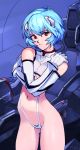  1girl adapted_costume ass_visible_through_thighs ayanami_rei blue_hair breasts cockpit cowboy_shot crossed_arms elbow_gloves english_commentary gloves highleg highleg_panties interface_headset looking_at_viewer medium_breasts micro_panties midriff navel neon_genesis_evangelion optionaltypo panties parted_lips plugsuit red_eyes revealing_clothes see-through self_hug short_hair solo standing underboob underwear white_gloves 
