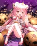 1girl absurdres animal_ears bangs bat bear_ears bettle_(b_s_a_n) blurry blurry_foreground bow crown dress_bow fangs hair_bow hair_ornament halloween heart heart-shaped_pupils highres himekuma_ribon jack-o&#039;-lantern knees_up long_hair paw_pose pink_footwear pink_hair pink_ribbon purple_background re:act ribbon sitting solo sparkle stuffed_animal stuffed_toy symbol-shaped_pupils teddy_bear thighhighs virtual_youtuber 