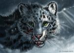  2020 black_spots blood bodily_fluids day detailed_background digital_media_(artwork) english_text felid flashw fur green_eyes grey_body grey_fur mammal open_mouth outside pantherine raining sky smile snow_leopard spots spotted_body spotted_fur teeth text tongue whiskers 