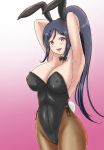  1girl animal_ears arms_behind_head black_hair black_leotard black_neckwear bow bowtie breasts brown_legwear bunny_ears bunny_tail commentary_request covered_nipples cowboy_shot detached_collar gradient gradient_background highres keito_fujihara large_breasts leotard long_hair looking_at_viewer love_live! love_live!_sunshine!! matsuura_kanan pantyhose pink_background playboy_bunny ponytail purple_eyes smile solo standing strapless strapless_leotard tail white_background 